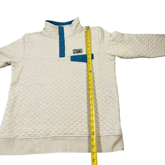 Patagonia Pullover Womens Large White Blue Organic Cotton Quilted Snap Synchilla - Picture 7 of 10